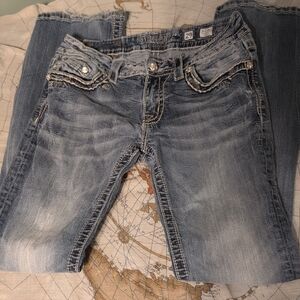 Miss Me Faded Blue Boot Cut Jeans Embroidered Bling Frayed Preloved 29